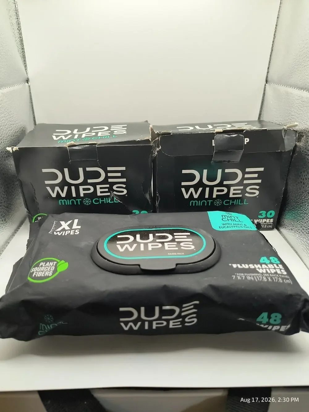 DUDE Wipes Mint Chill Flushable Wipes 2 Boxes Of 30 + 48 CT XL Wipes
